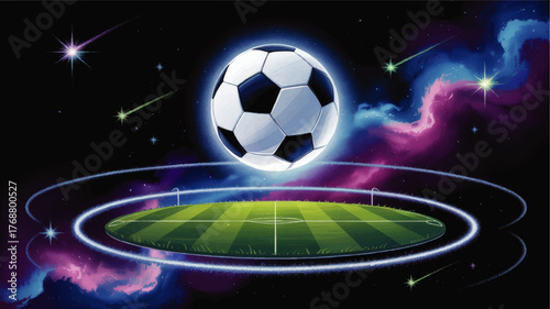 Futuristic Soccer Ball in Outer Space with Glowing Galactic Stadium, Fantasy Sports Illustration, Colorful Cosmic Background