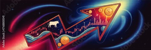 Bull Market Growth Arrow with Financial Candlestick Chart, Currency Coins, and Cosmic Galaxy Background Illustration