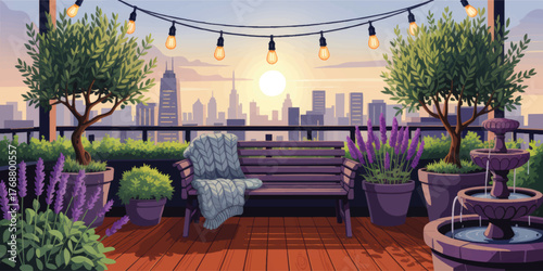 Cozy Rooftop Garden Terrace with Wooden Bench, Potted Trees, Lavender, String Lights, Fountain, and City Sunset View – Vector Illustration