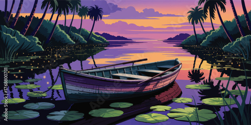 Tranquil Rowboat on Serene Tropical River at Sunset with Palm Trees, Lily Pads, and Fireflies – Vibrant Vector Illustration