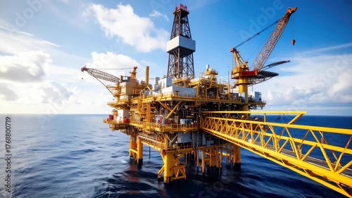 Large offshore oil rig platform in the ocean extracting petroleum under a partly cloudy sky on sunny day, oil and gas industry