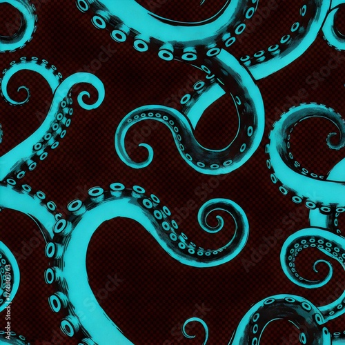 Seamless pattern with glowing turquoise octopus tentacles on dark background.
