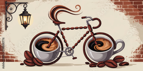 Creative Coffee Bicycle Illustration – Espresso Cups, Coffee Beans, Artistic Cafe Concept, Vintage Lamp, Brick Wall Background