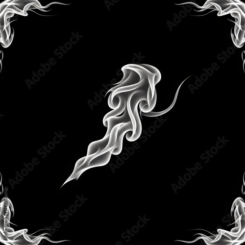 Abstract white smoke swirls and frame on black background.