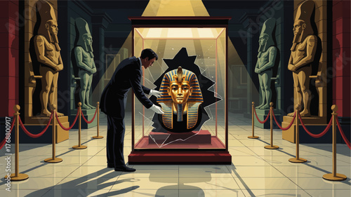 Elegant Museum Heist Scene with Mysterious Thief Stealing Pharaoh Mask, Ancient Egyptian Artifacts, Security Drama, Dramatic Lighting