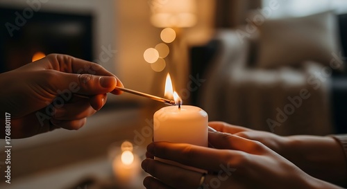 Candlelit Harmony: A tender moment unfolds as two hands, one gently guiding, the other striking the match, igniting a candle flame. Soft light illuminates a scene of warmth and intimacy.