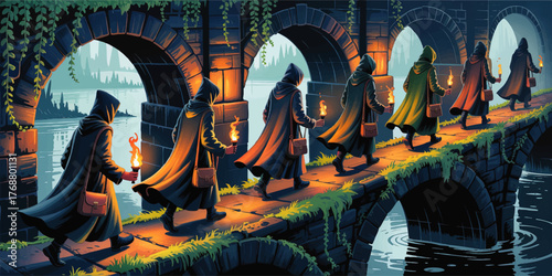 Hooded figures with torches crossing medieval stone bridge, mysterious fantasy journey at night, dramatic adventure illustration