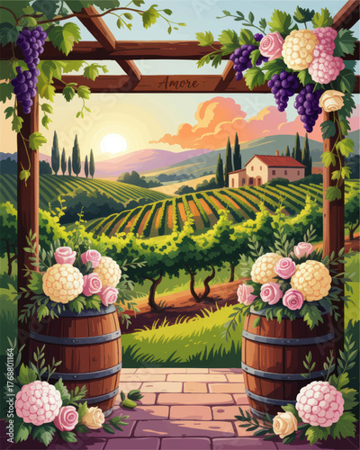 Picturesque Italian Vineyard at Sunset with Floral Decorations, Wine Barrels, and Countryside Farmhouse – Romantic Tuscany Landscape Illustration