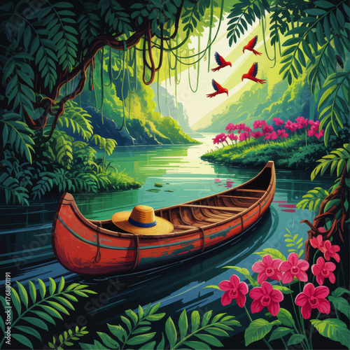 Vibrant Jungle River Scene with Wooden Canoe, Tropical Flowers, Parrots, and Lush Greenery in Exotic Nature Illustration