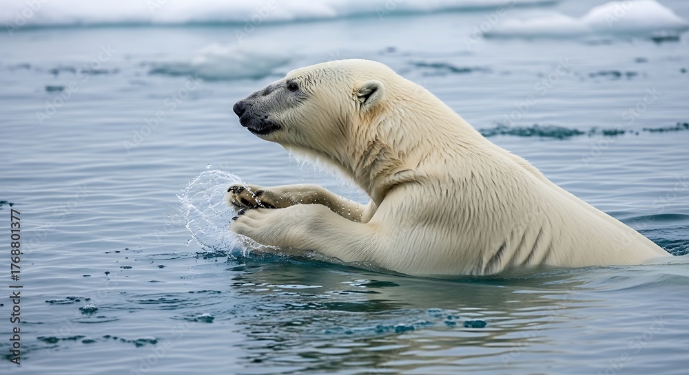 Naklejka premium Polar Bear in the Arctic Waters: A majestic polar bear navigates the icy waters of the Arctic, embodying the resilience of nature in the face of environmental challenges.