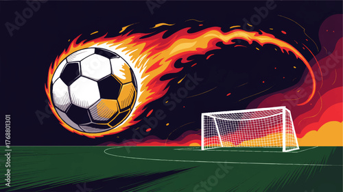 Dynamic Soccer Ball on Fire Vector Illustration Heading Toward Goal, Vibrant Sports Artwork, Energetic Flame Background