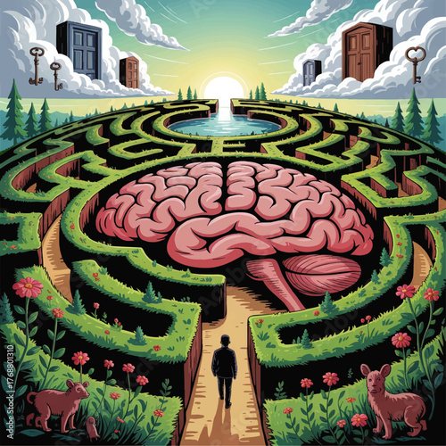 Surreal Maze with Human Brain Center, Keys, and Doors in the Sky – Conceptual Journey, Decision-Making, and Mental Challenges Illustration