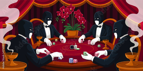Mysterious Men in Masks Playing Poker at Elegant Casino Table with Red Curtains and Orchids – Vector Illustration