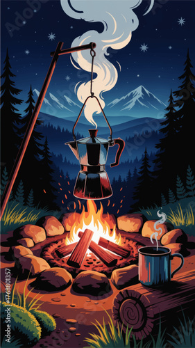Cozy Night Camping Illustration with Coffee Pot Over Campfire, Mountain Landscape, Starry Sky, and Pine Trees