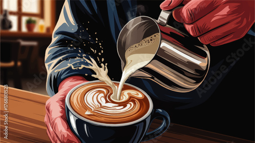 Barista Hand Pouring Steamed Milk Creating Latte Art Heart in Coffee Cup, Vector Illustration for Café and Coffee Shop Concepts