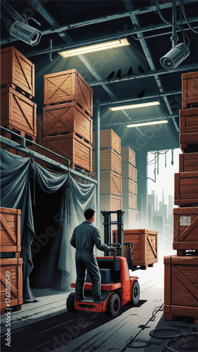 Warehouse Worker Operating Red Forklift with Wooden Crates, Industrial Storage Facility, Security Cameras, Birds, Dramatic Lighting