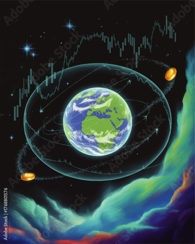 Futuristic Digital Finance Concept Art with Earth, Cryptocurrency Coins, Stock Market Graphs, and Colorful Cosmic Landscape