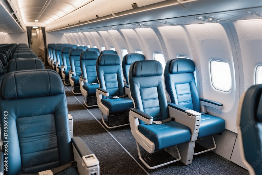 Fototapeta premium The airplanes spacious interior features stylish blue leather seats and ample natural light for a cozy atmosphere