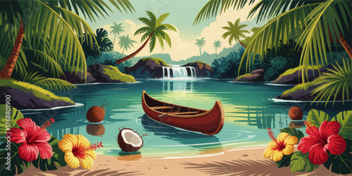 Tropical paradise lagoon with waterfall, canoe, palm trees, hibiscus flowers and coconuts, vibrant summer island landscape illustration