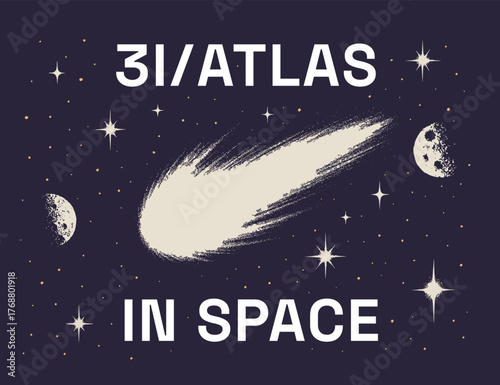 Retro futuristic poster of the comet 3I ATLAS flying through our galaxy. Interstellar Visitor Asteroid or Meteor with blue tail. Vintage print for social media, banner. Nostalgia for fantastic 1960s.