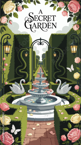 Enchanted Secret Garden Illustration with Swans, Rose Flowers, Hedge Maze, and Fountain – Fairytale Fantasy Vector Art