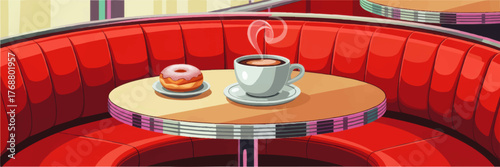 Retro Diner Booth with Red Seats, Coffee Cup, and Pink Frosted Donut on Table – Cozy Vintage Breakfast Illustration