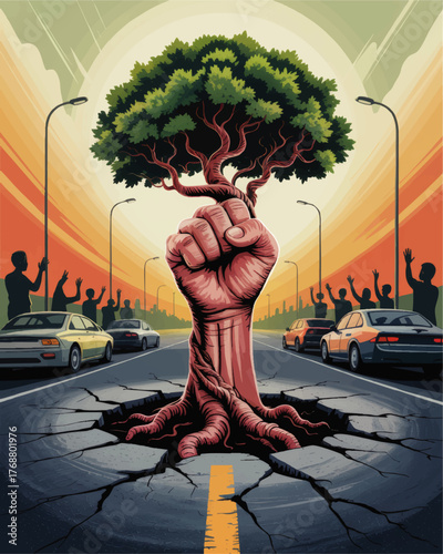 Powerful Environmental Protest Art – Fist-Shaped Tree Breaking Asphalt, Nature Resistance, Climate Change Awareness Illustration