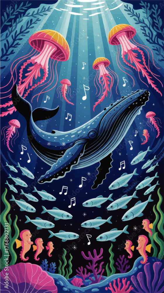 Obraz premium Vibrant Underwater Illustration with Singing Whale, Jellyfish, Fish, Seahorses, Coral Reef and Sunlight Rays