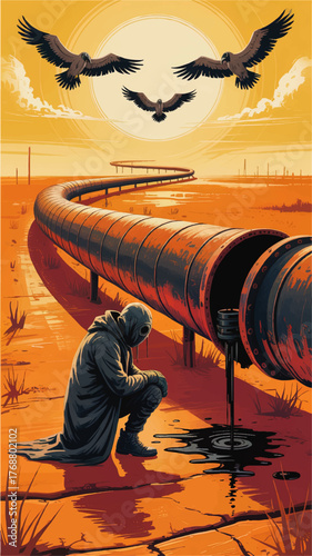 Surreal Desert Pipeline Leak Illustration – Hooded Figure, Vultures, Spilled Oil, Environmental Crisis, Dramatic Sunset Art