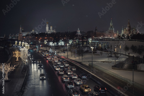 Christmas holidays in the city,  view of Zaryadye Park and the Kremlin from the Floating Bridge in Moscow