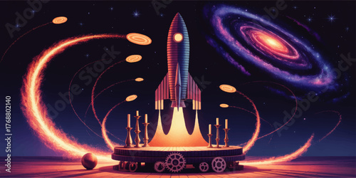 Futuristic Rocket Launch in Outer Space with Glowing Galaxy and Steampunk Elements, Vibrant Digital Illustration