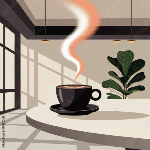 Modern Cozy Coffee Shop Interior Illustration with Black Cup, Steaming Latte, Indoor Plant, and Sunlit Minimalist Decor