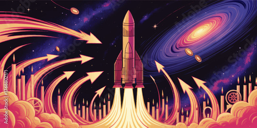 Colorful Rocket Launch with Candle and Arrow Growth Metaphors in Cosmic Galaxy, Success and Innovation Illustration