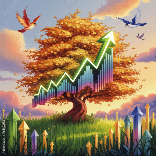 Surreal Money Tree with Golden Coins, Upward Growth Arrow, Colorful Bar Graph, Birds, and Arrows in Sunset Landscape