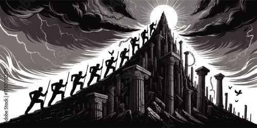 Epic Mountain Ascent Illustration – Silhouetted Figures Climbing Ruined Greek Columns Toward Dramatic Stormy Sky and Sun