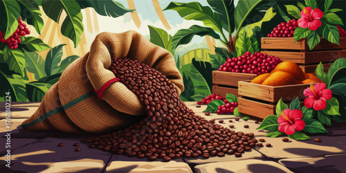Vibrant Tropical Coffee Plantation Illustration With Burlap Sack of Coffee Beans, Crates of Fruits, Lush Greenery and Hibiscus Flowers