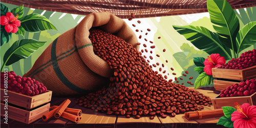 Vibrant Vector Illustration of Fresh Coffee Beans Pouring from Burlap Sack with Tropical Leaves, Flowers, and Cinnamon Sticks
