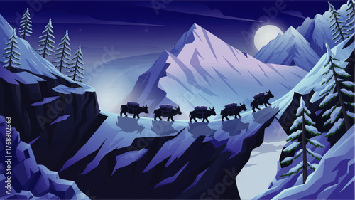 Majestic Himalayan Yaks Crossing Snowy Mountain Pass at Night – Winter Landscape with Moonlight and Pine Trees, Vector Illustration