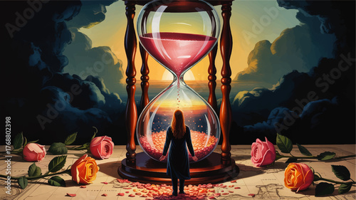 Surreal Woman Facing Giant Hourglass with Rose Petals at Sunset – Conceptual Time, Romance, and Mystery Artwork