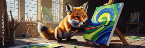Creative Red Fox Painting Abstract Art on Canvas in Sunlit Studio, Whimsical Animal Artist Concept, Colorful Surreal Illustration