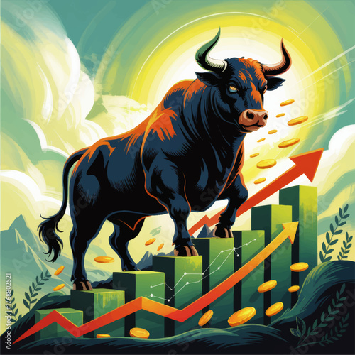 Powerful Bull Illustration Symbolizing Stock Market Growth, Financial Success, and Bullish Investment Trends with Rising Arrow and Coins