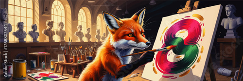 Creative Fox Artist Painting Modern Canvas in Classical Art Studio with Bust Sculptures and Sunlit Windows – Whimsical Animal Art Concept
