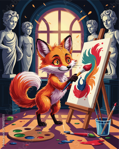 Whimsical Cartoon Fox Painting on Canvas in Art Gallery Studio with Classical Sculptures and Vibrant Color Palette