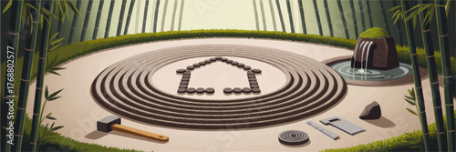 Zen garden with house symbol in sand, bamboo forest, and tranquil water feature, minimalistic Japanese landscape design illustration