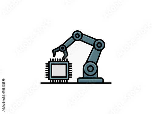 Robotic arm assembling microchip icon on black background vector illustration