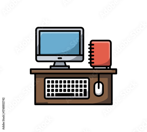 Illustration of a modern computer workstation with keyboard mouse and notebook in vector style