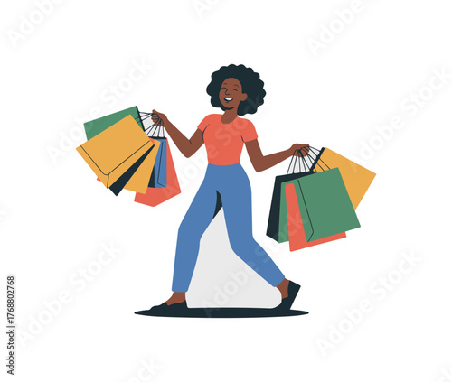 Illustration of happy woman holding multiple colorful shopping bags in flat style