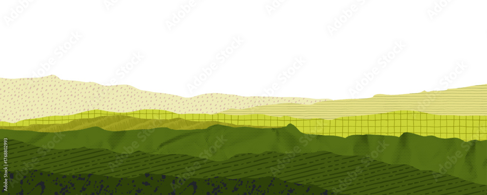 Fototapeta premium Corn Field Collage Agriculture Texture and Abstract Farm Landscape with Patterns. Green paper texture and organic farm landscape for eco-friendly designs. Agro themed banner in Japanese Korean style.