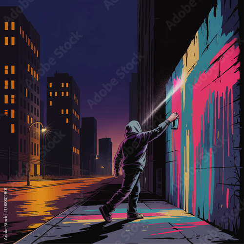 Urban Graffiti Artist Creating Colorful Street Art on City Wall at Night, Vibrant Spray Paint Drips, Downtown Illustration
