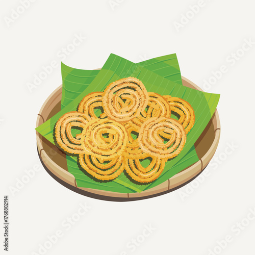 Vector illustration of Murukku, an Indian traditional snacks served with banana leaves on bamboo plate 